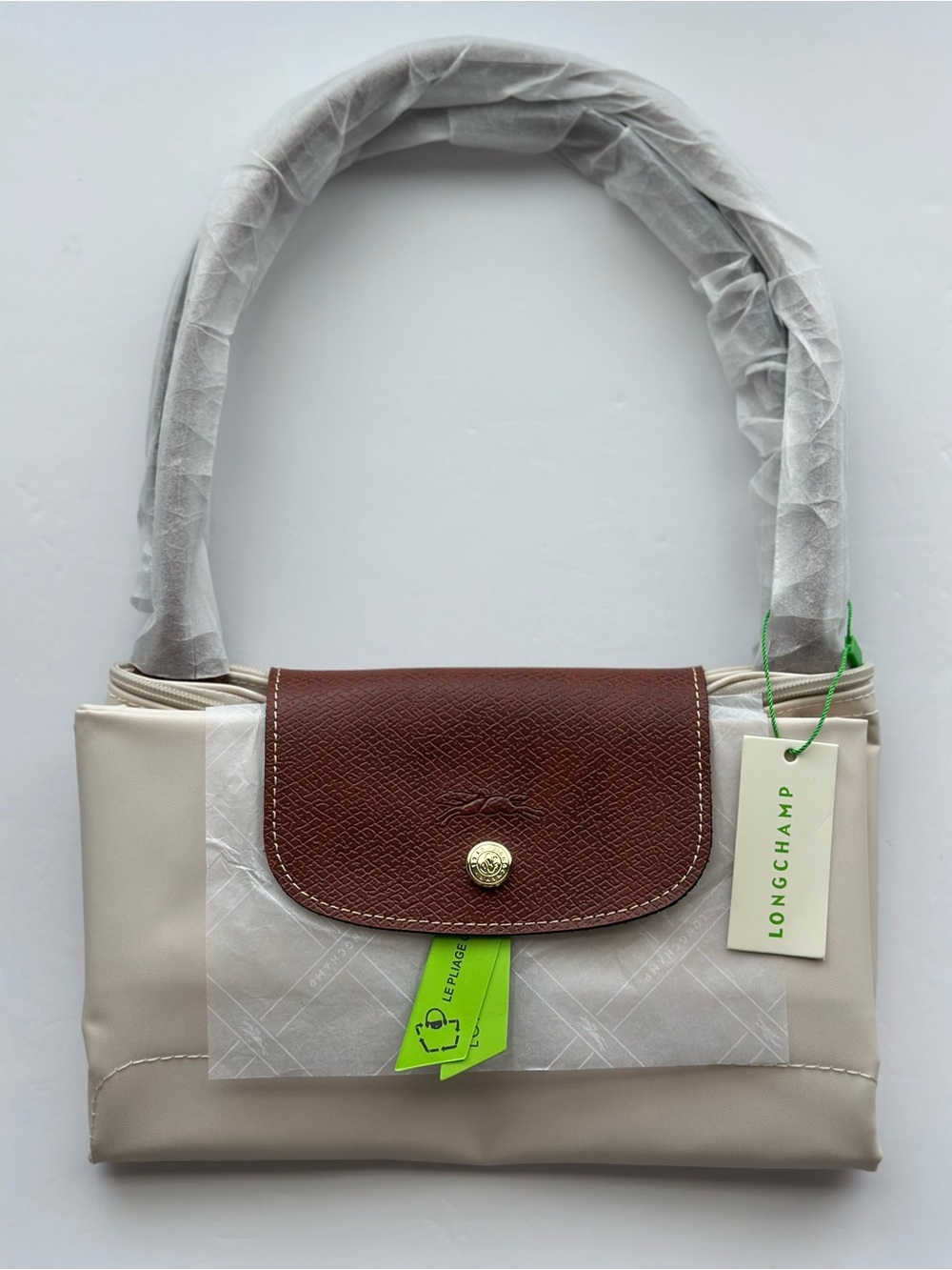NWT Longchamp Le Pliage Shoulder Bag Medium Tote In Ivory/Ecru Brown Leather